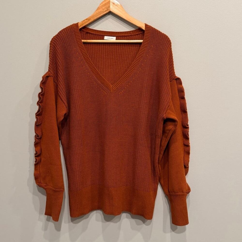 LASCANA Ruffle Bishop Sleeve V-Neck Knit Sweater Brown Terracotta US 8/10